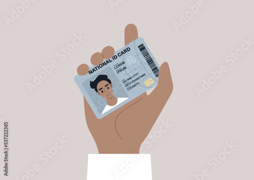 A national ID card template, a young male Caucasian citizen holding their identification document
