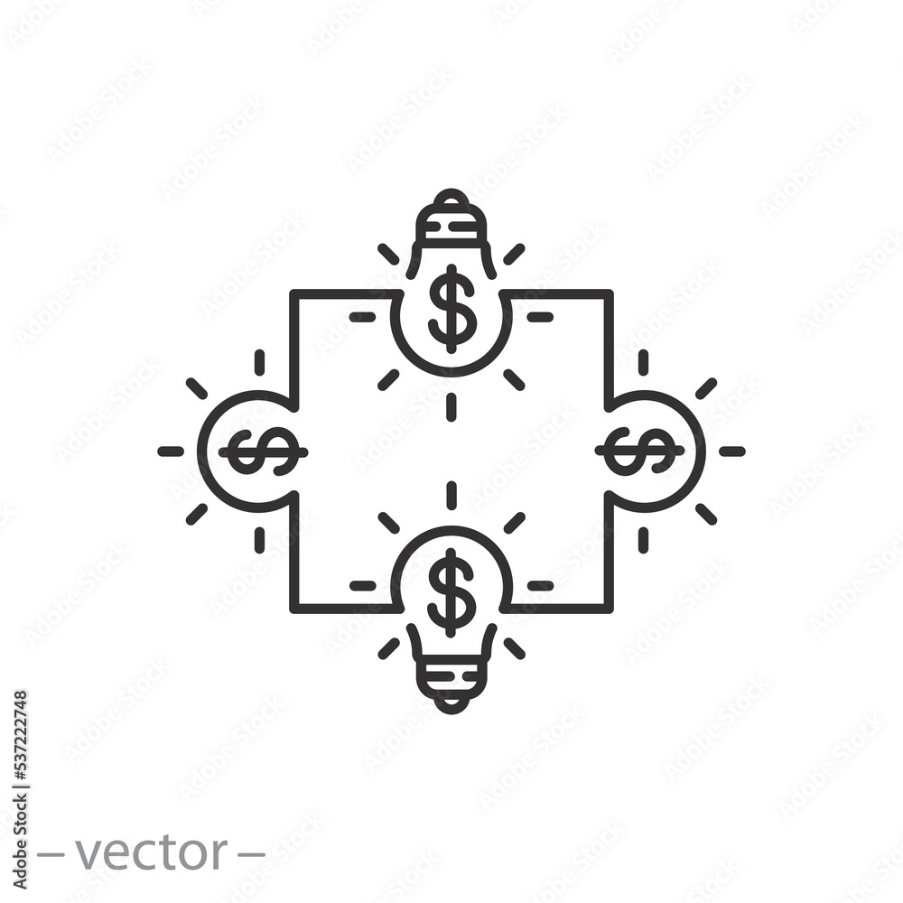 creative business idea icon, money success solving, puzzle dollar with light bulb, thin line symbol on white background - editable stroke vector illustration