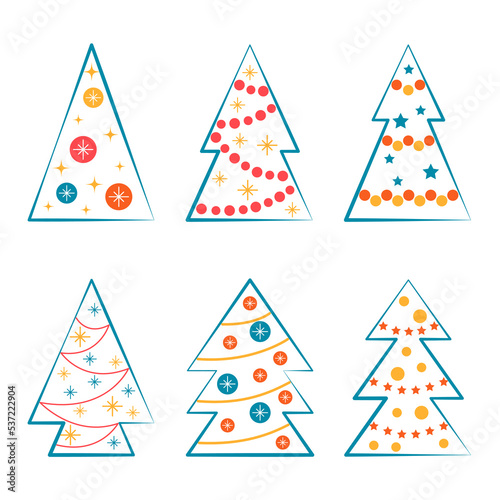 vector set of christmas contour trees in bright color