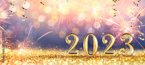 Photography 2023 - Golden Numbers On Glitter With Fireworks - New Year Celebration With Abst