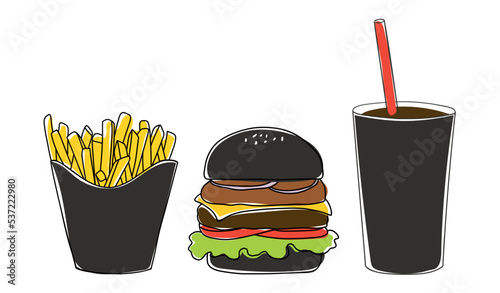 Black burger, french fries and soda in isolated background. Fast food.