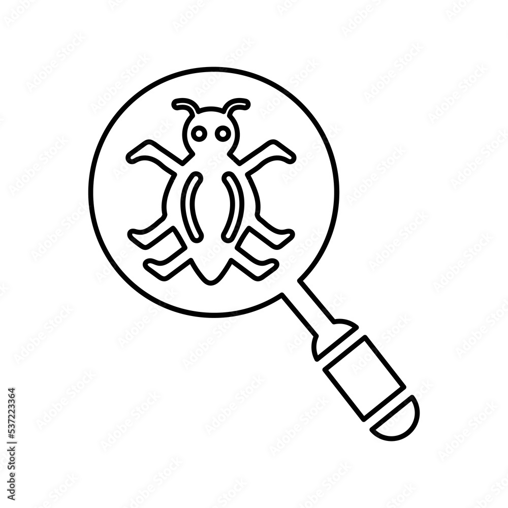 Find, Bug, code, development outline icon. Line art sketch.
