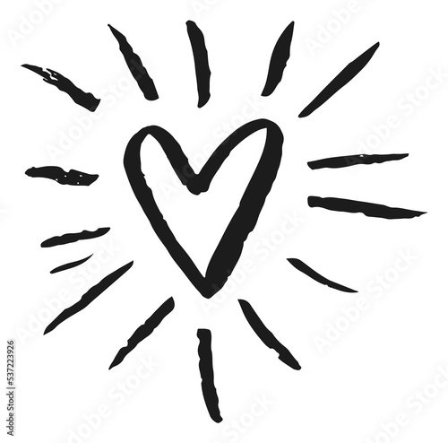 Heart with line rays. Shining love in hand drawn style