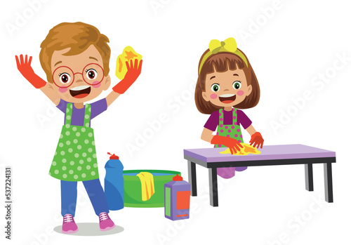 cute happy boy and girl cleaning house