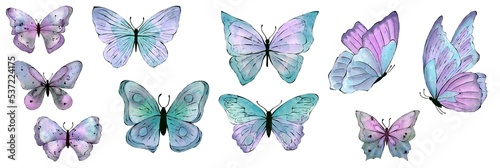 Canvas Print Set of blue watercolor Buterfly, isolated on white background