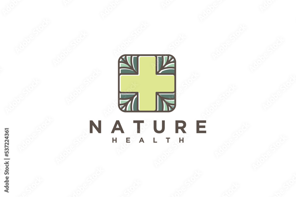 Obraz premium Nature health medical logo design green organic leaves icon symbol red cross illustration