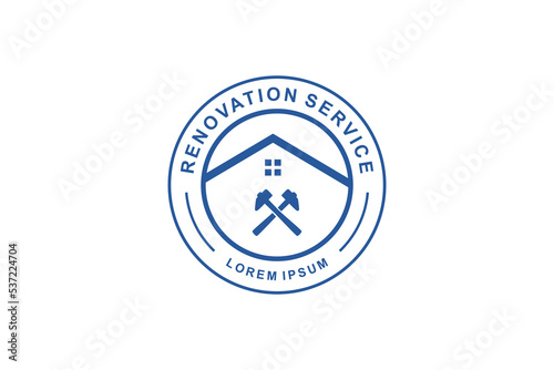 Renovation house service logo design emblem style rounded shape with hammer icon symbol 