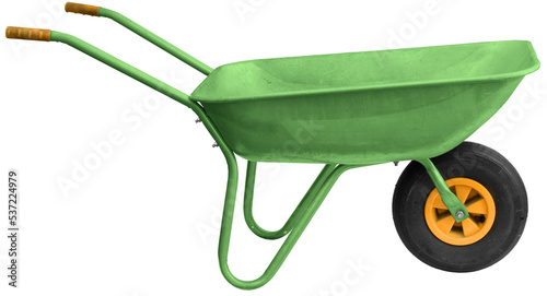 Green garden metal wheelbarrow cart isolated photo
