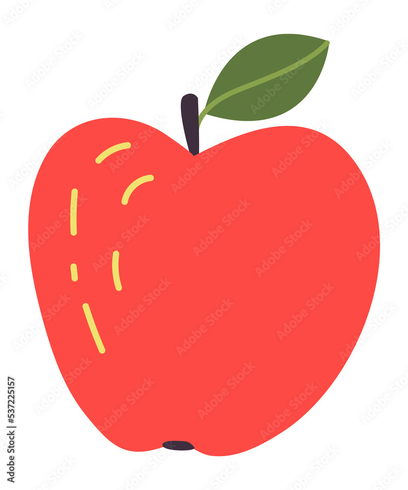 Fototapeta premium Red apple with stem and leaf. Cute juicy fruit