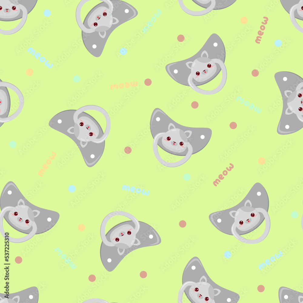Seamless children's pattern on a green background. A dummy with a cat. Pacifier for children