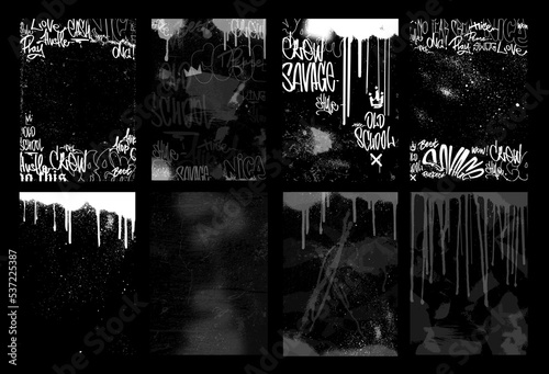 Street Monochrome Overlay Texture Stamps. Vector street art set with effect spray, grainy, graffiti, dust, dripping paint, bombing, grunge. Overlay texture with spray and graffiti tags. Vector stamps	 photo