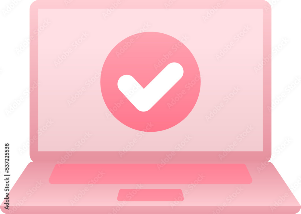 Check mark on laptop screen. Success tick icon or confirmation notification on open tablet laptop display. Pink portable pc computer with checkmark icon. Check mark on laptop screen. Success tick icon or confirmation notification on open tablet laptop display. Pink portable pc computer with checkmark icon.
