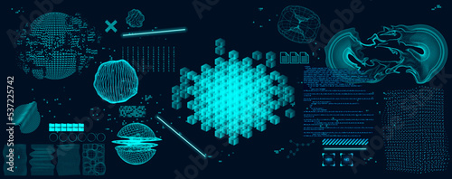 Blockchain and Big data visualization in hood style with abstract elements. Processing of information and classification of data streams for their sorting. Blocks of information. Vector set 