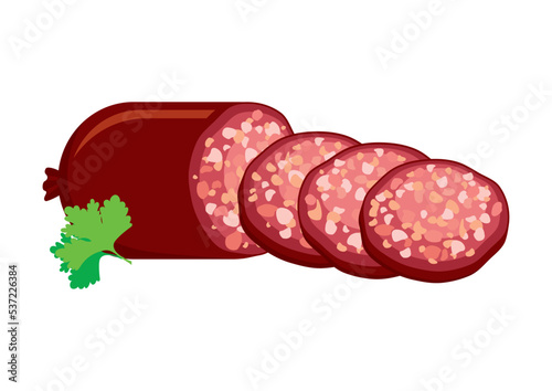Round slice of sausage salami with parsley icon vector. Sliced salami icon vector isolated on a white background. Meat sausage slice drawing