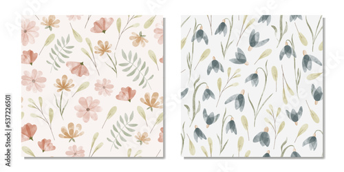 Set of floral spring watercolor seamless pattern with blue, pink, orange flowers and green leaves. Watercolor hand drawn isolated illustration border, meadow or floral background for your design.
