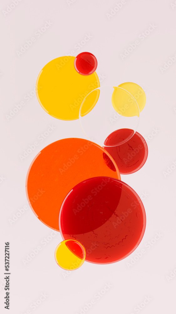 3d rendering colorful glass composition. Art long vertical banner. Red, yellow, orange and transparent white shapes. Minimalistic flat top view design. Modern wallpaper background.