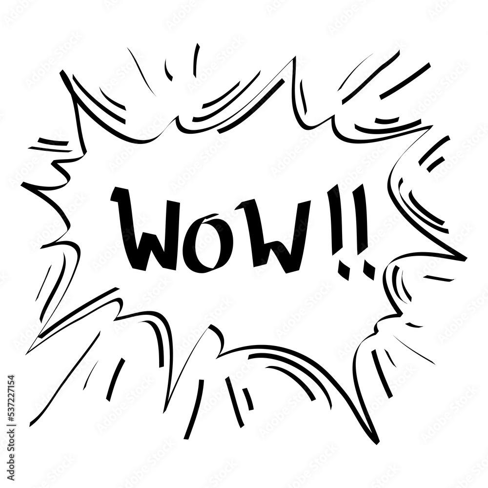 Hand drawn Wow text with bubble explosion. Comic doodle sketch style. vector illustration Hand drawn Wow text with bubble explosion. Comic doodle sketch style. vector illustration