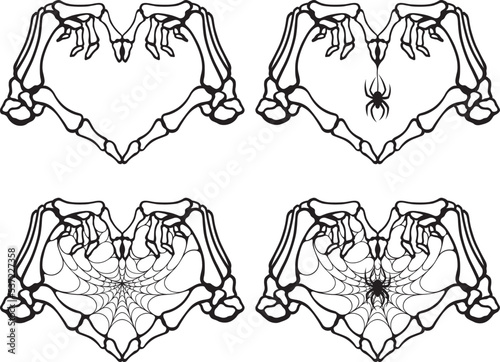 Stylized skeleton hands in heart gesture. Tattoo, Halloween design and decor element, coloring book pages. Highly detailed and accurate lines for print or engraving