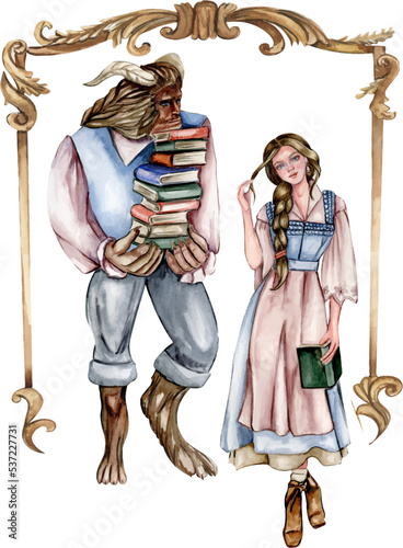 Hand drawn girl in vintage dress and monster in blue suit