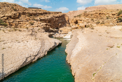 View of the Wadi Bani Khalid oasis in the desert in Sultanate of Oman.