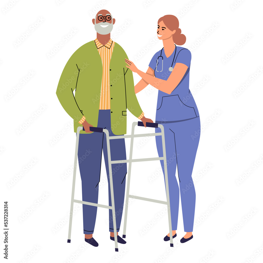 A nurse helps a black grandfather with a walker. Gray-haired and bearded elderly man isolated on a white background. An old infirm man with a walker and a doctor. Flat vector. A nurse helps a black grandfather with a walker. Gray-haired and bearded elderly man isolated on a white background. An old infirm man with a walker and a doctor. Flat vector.