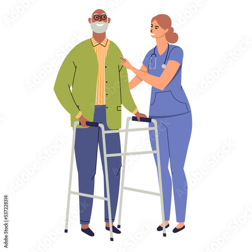 A nurse helps a black grandfather with a walker. Gray-haired and bearded elderly man isolated on a white background. An old infirm man with a walker and a doctor. Flat vector.