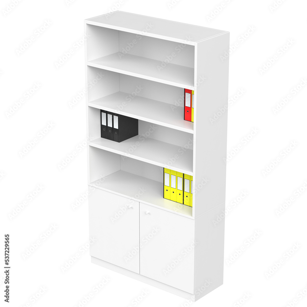3d rendering illustration of an office shelf with ring binders and folders 3d rendering illustration of an office shelf with ring binders and folders