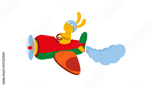 A little rabbit is flying on a bright multicolored plane. Vector