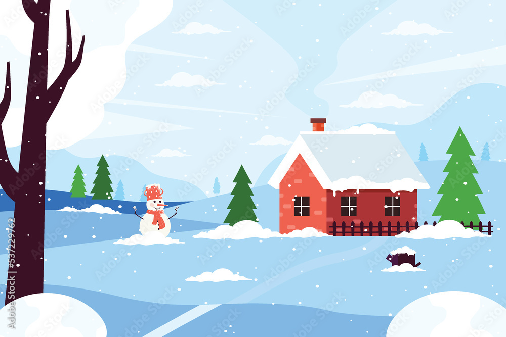 Winter landscape. Snowy valley with house, pine trees and snowman. Vector illustration flat design style. 