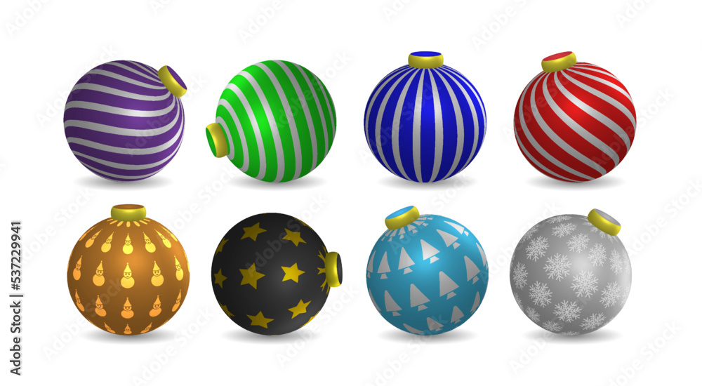 Christmas ball decoration set, collection of colorful ball elements with various pattern motifs, 3d illustration vector