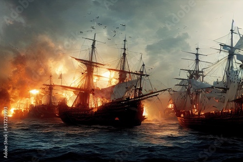 A sea battle involving sailing ships and galleons from the 16th century. Pirate ships are burning in the ocean as cannon fire hits them. 3D illustration