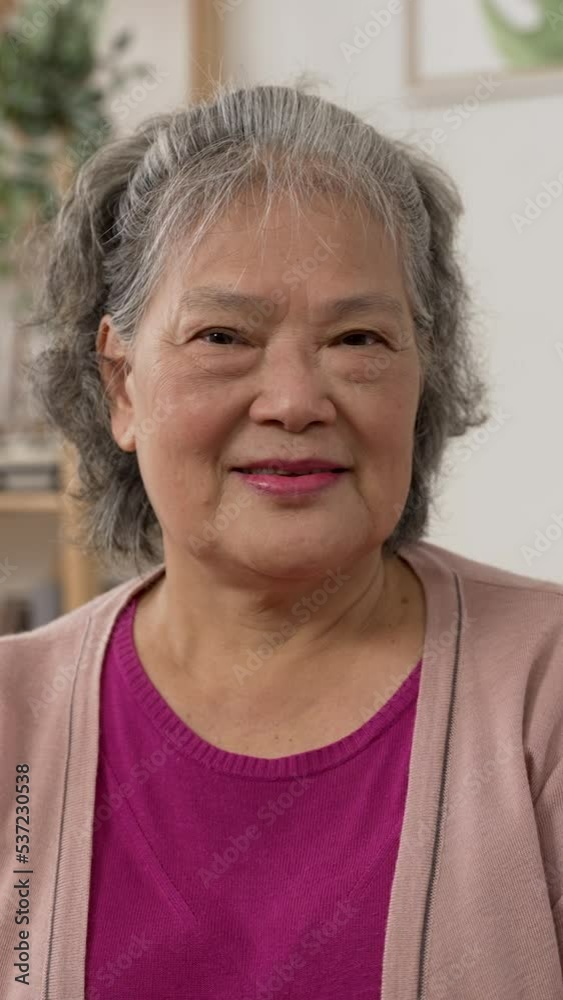 Vertical Screen: half length portrait of a cheerful asian elderly female facing camera with a smile in a cozy living room at home with daylight. Vertical Screen: half length portrait of a cheerful asian elderly female facing camera with a smile in a cozy living room at home with daylight.