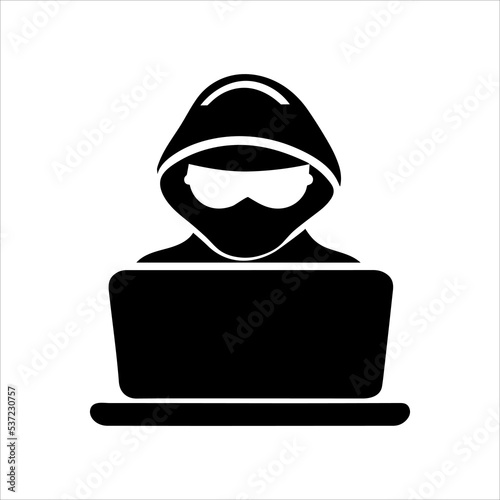 Pictogram of hacker. Black and white vector illustration. Man behind laptop isolated on white background. Line icon of person sitting on a desk at computer. Hooded criminal. Cybercriminal. Internet.
