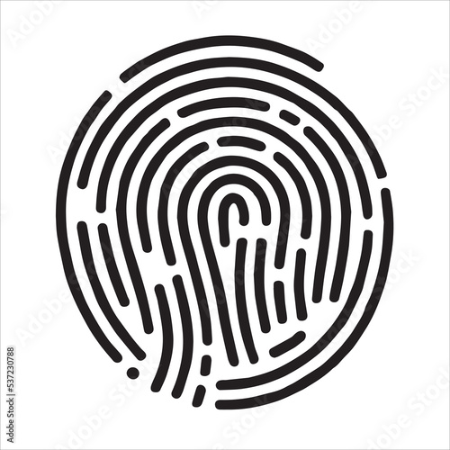 Biometry, finger print icon. Pictogram of security. Simple black line vector on isolated white background. Pivacy authentication system. Human safety password verification. Digital scan.