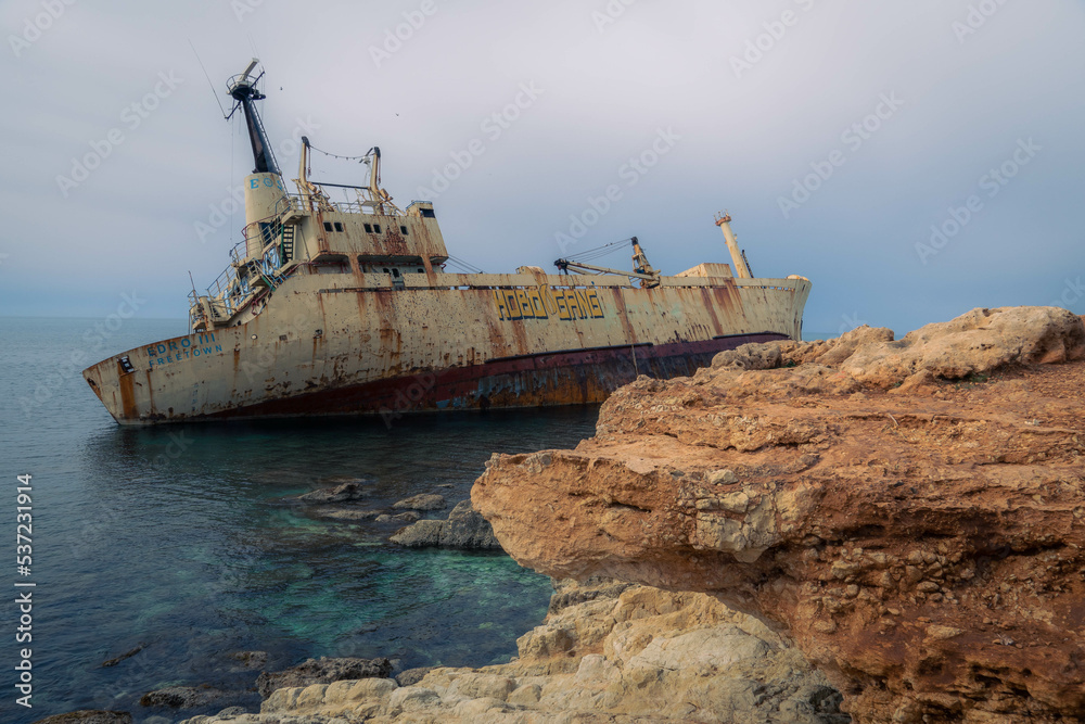 Stranded old boat wreck at the coast of Cyprus
