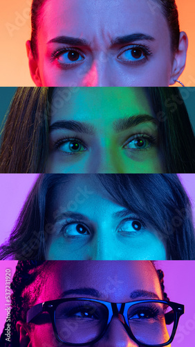 Doubts, thoughts. Vertical photo set of close-up male and female eyes isolated on colored neon backgorund. Concept of equality, vision, emotions photo