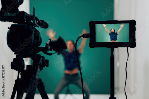 actor engaged in casting - people audition on green key background photo