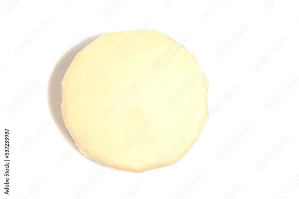 Suluguni cheese isolated on white top view