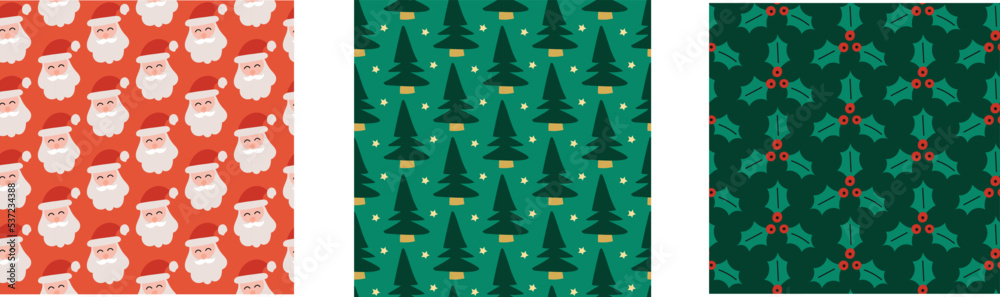 Obraz premium cute simple trees mistletoe Santa Claus Christmas winter seamless repeat pattern collection bundle set 