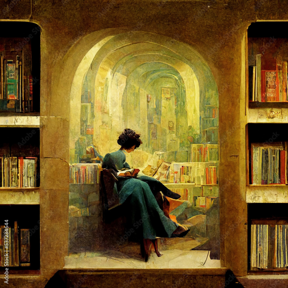 young woman at ease reading a book in a library, digital art made with generative AI