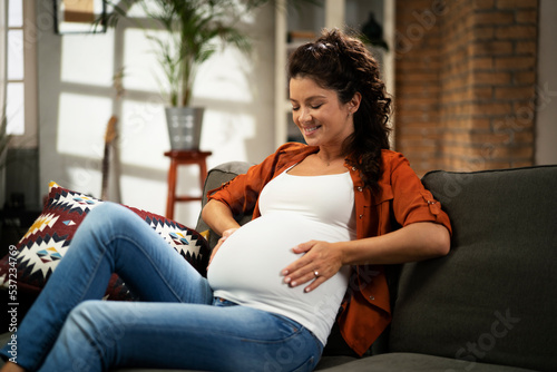 Pregnant woman sitting on a sofa and caressing her belly.