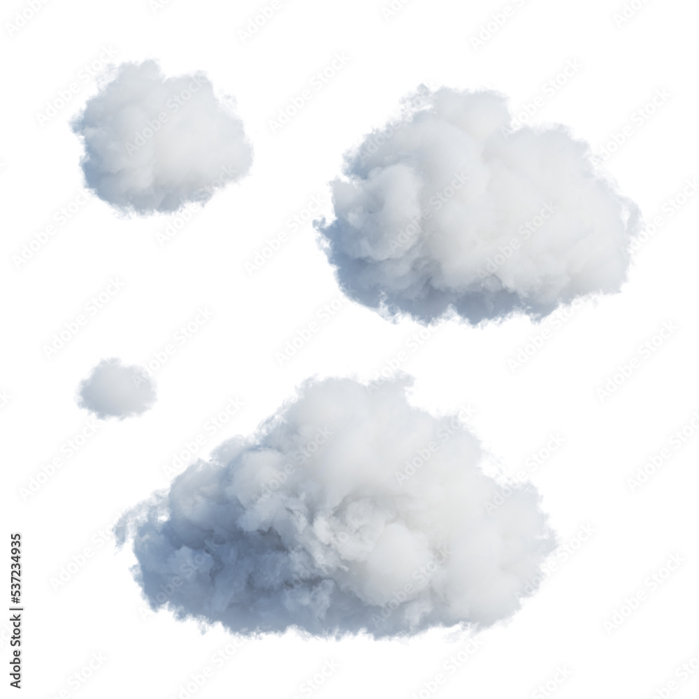 3d render, set of abstract fluffy clouds isolated on transparent background, cumulus clip art collection