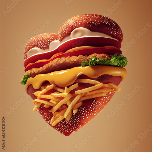 Fast Food Herz aus Burger, Pommes Frites und Ketchup, isoliert