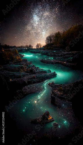AI generated image of the Milky way reflected in a small magical stream in the forest 