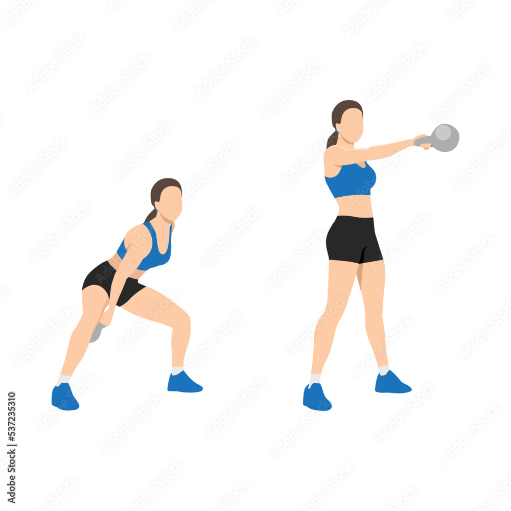 Woman doing One arm kettlebell swings exercise. Flat vector illustration isolated on white background Woman doing One arm kettlebell swings exercise. Flat vector illustration isolated on white background