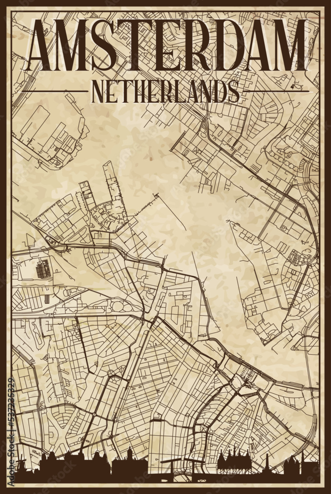 Obraz premium Brown vintage hand-drawn printout streets network map of the downtown MADRID, SPAIN with brown 3D city skyline and lettering