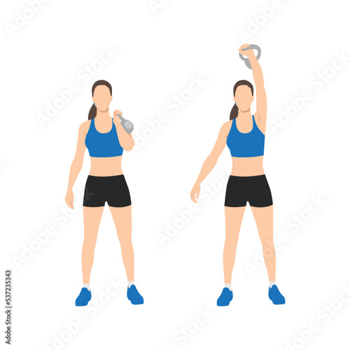 Woman doing One arm kettlebell push and press exercise. Flat vector illustration isolated on white background