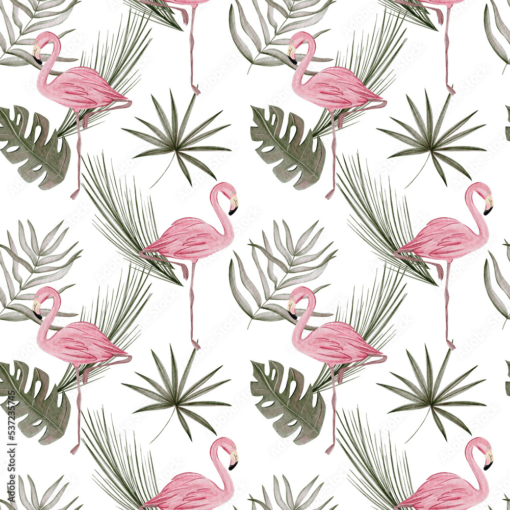 Seamless pattern with flamingo and tropical leaves illustrations. Pattern for textile, wallpapers, wrapping paper, newborns. 