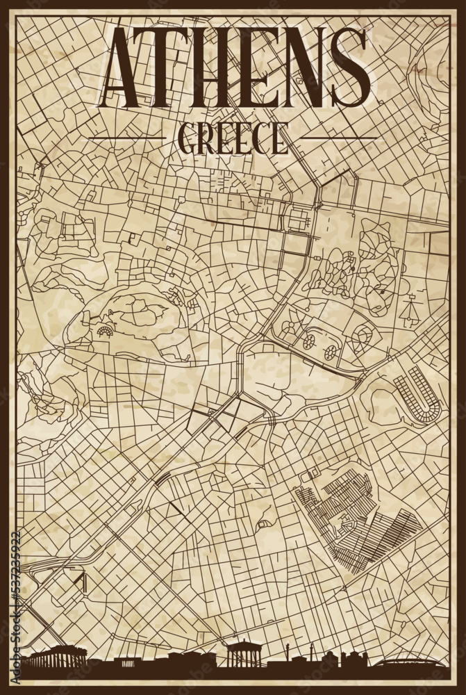 Fototapeta premium Brown vintage hand-drawn printout streets network map of the downtown ATHENS, GREECE with brown 3D city skyline and lettering