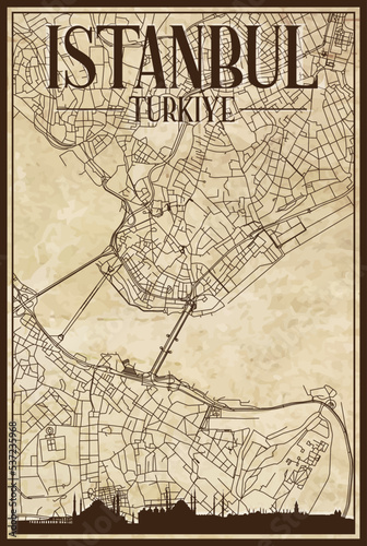 Brown vintage hand-drawn printout streets network map of the downtown ISTANBUL  TURKEY with brown 3D city skyline and lettering